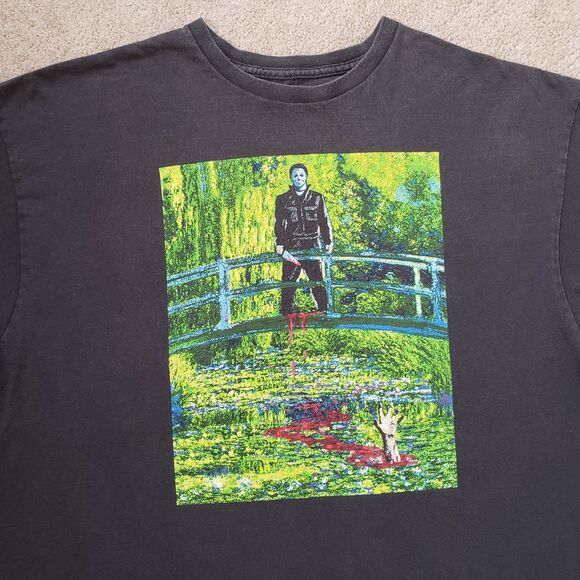 Halloween Michael Myers Monet Parody Size 2XL Mens Faded Black Horror T-Shirt - Picture 3 of 6